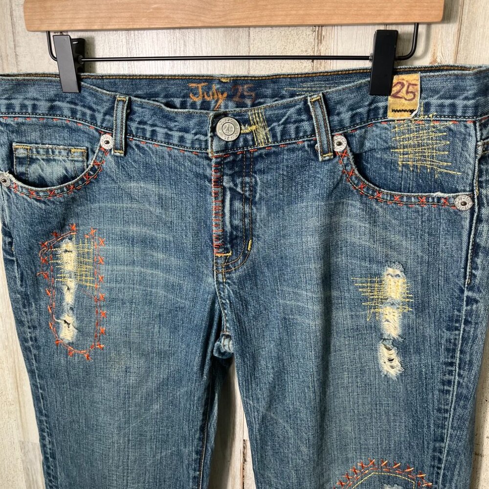 Vintage Y2k July 25 Patchwork Boho Embroidered Distressed Flare Jeans Womens 31 - Picture 3 of 7